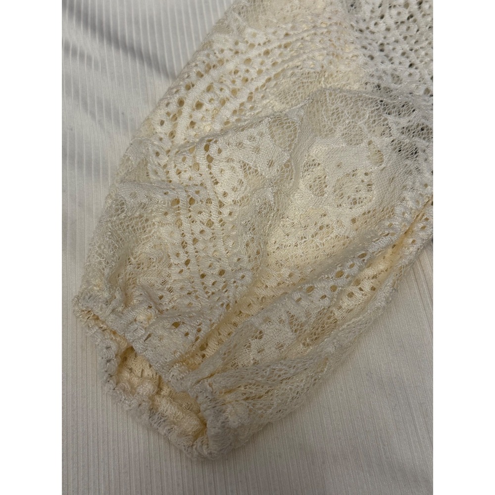 Daytrip Womens Ribbed V-Neck Top Cream Lace Balloon Sleeve Blouse Ivory Large - Picture 2 of 4
